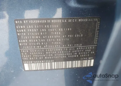2019 Volkswagen Tiguan 2.0T Se/2.0T Sel/2.0T Sel R-Line/2.0T Sel R-Line Black from USA, damaged, VIN 3VV2B7AX6KM135430